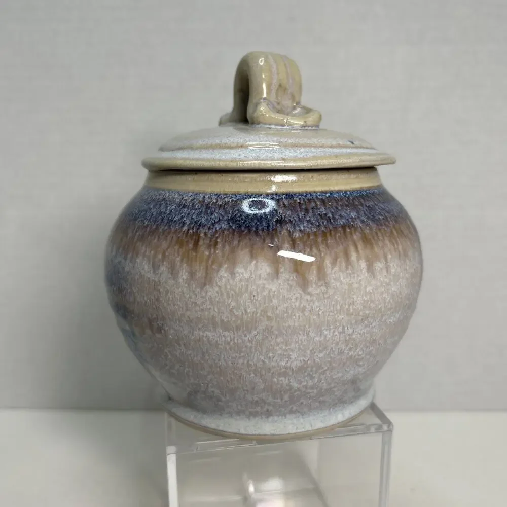 Pearsall Stoneware Art Studio Pottery Lidded Honey Pot / Jam Jar Blue Drip Glaze